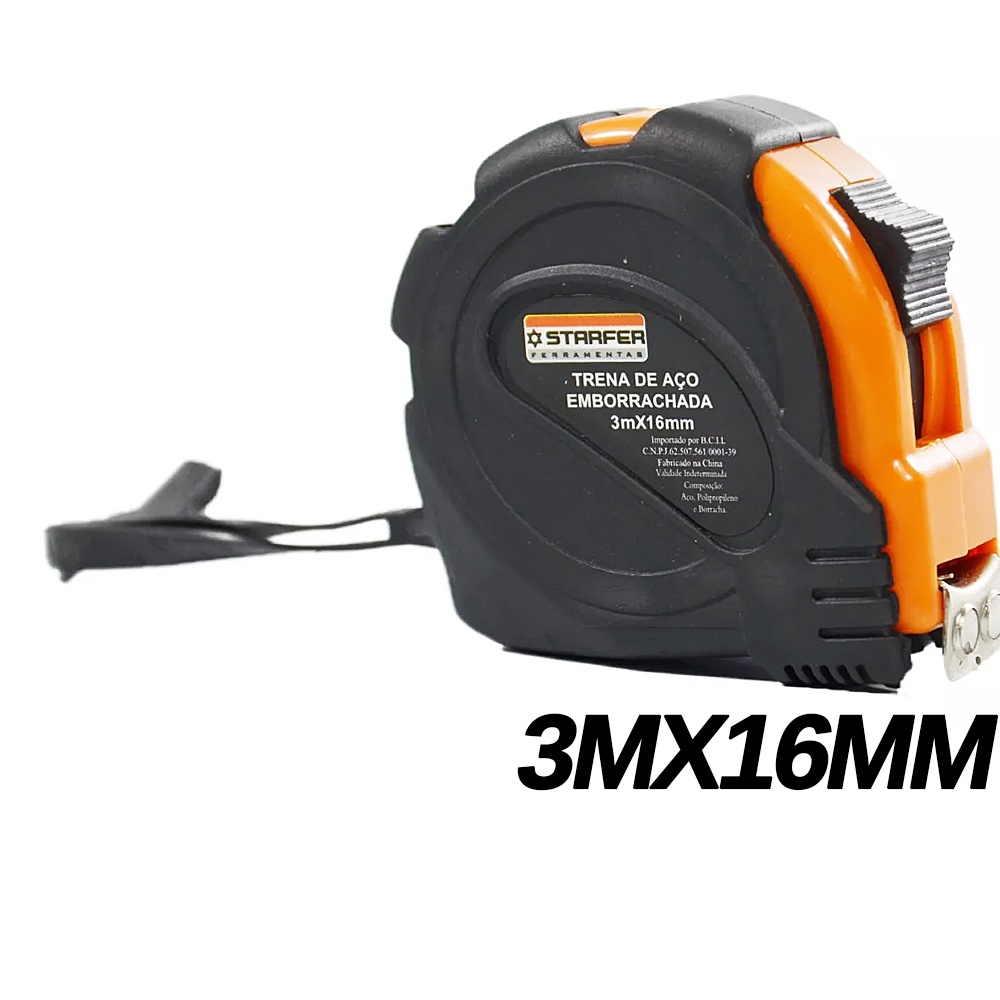 Trena Métrica Profissional em Aço Emborrachada com Trava 3 metros x 16mm - Starfer