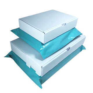 Kit Mini Envios Papelão Branco e Envelopes Verde Azul. - 10 Cx. 16x11x3 + 10 Cx. 24x16x4 + 10 Env. 19x25 + 10 Env. 30x20