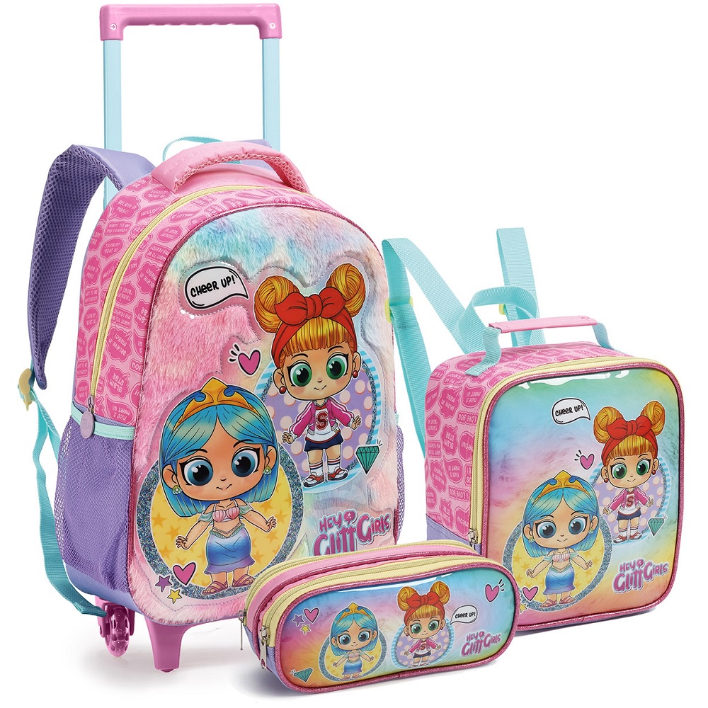 Kit Mochila Escolar Infantil Menina Boneca Baby Princesa com Carrinho de Rodinhas Lancheira e Estojo Hey Little Girls