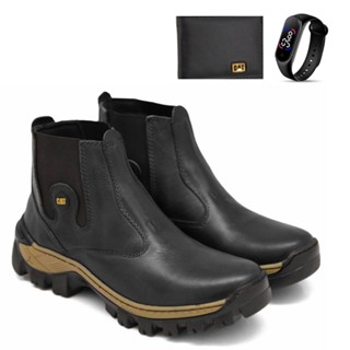 Botina Masculina Caterpillar de Couro Legitimo Látego Impermeável Costurado + Relogio e Carteira CAT