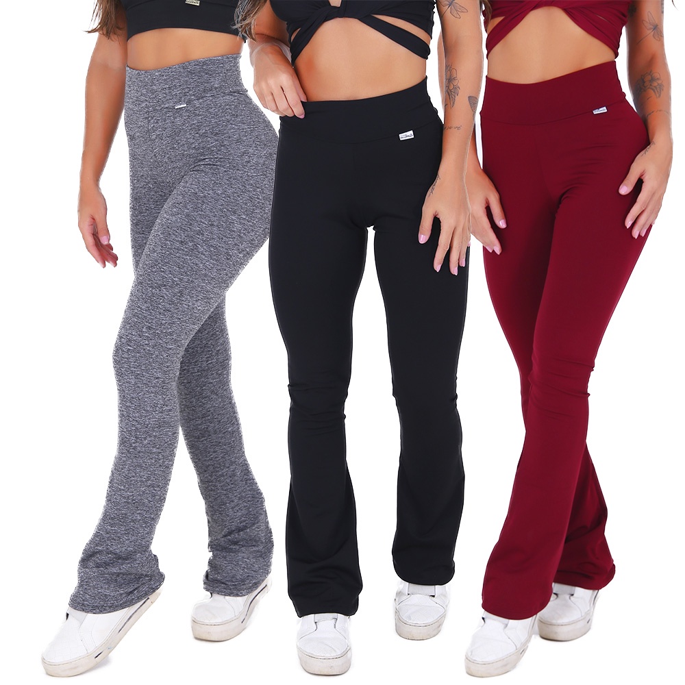 Kit 3 Leggings Esportivas Inverno Flare Suplex Forrado Peluciado Cintura Alta