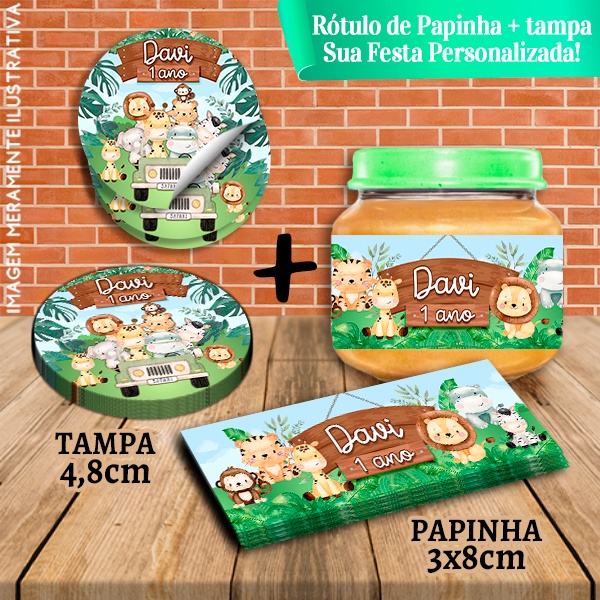 Kit com 10 pares Rótulos Adesivos de Potes e Tampas de Papinha 120g Safari