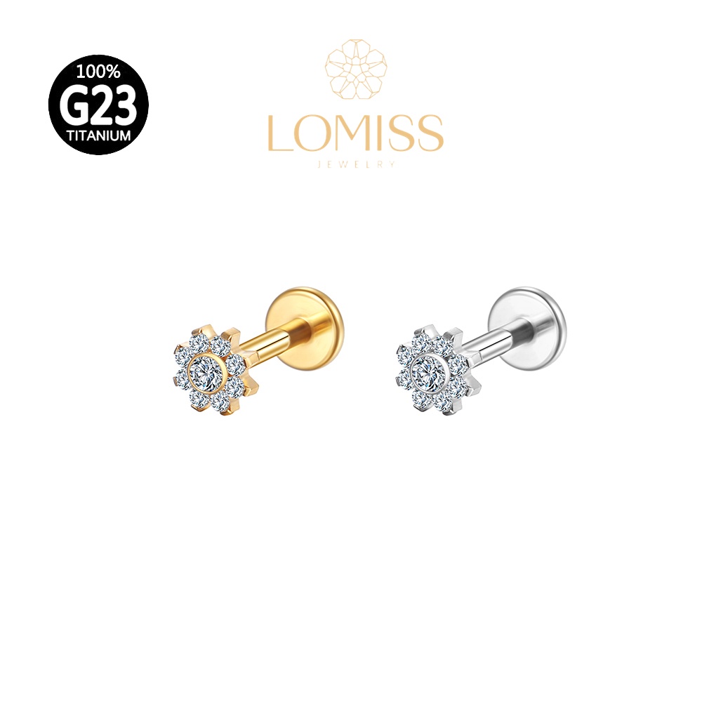 Piercing Labret Titânio PVD com Flores Zircônia《Lomiss semijoias》 em Oferta na Shopee