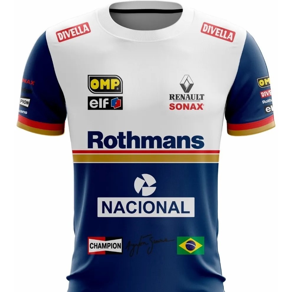 Camiseta Fórmula 1 Ayrton Senna Rothmans F1 Renault Retrô Azul e Branco