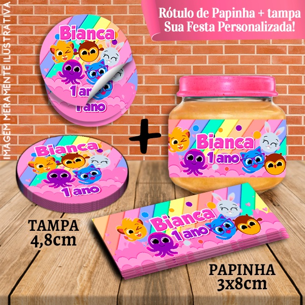 Kit com 10 pares Rótulos Adesivos de Potes e Tampas de Papinha 120g Bolofofos Rosa Menina