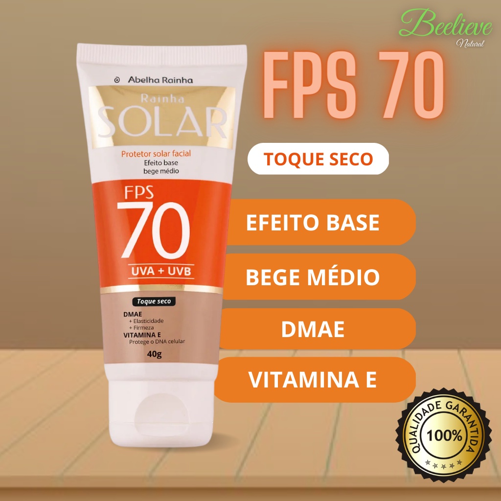 Protetor Solar Facial Cor De Base FPS 70 Abelha Rainha Com Vitamina E e DMAE Rainha Solar