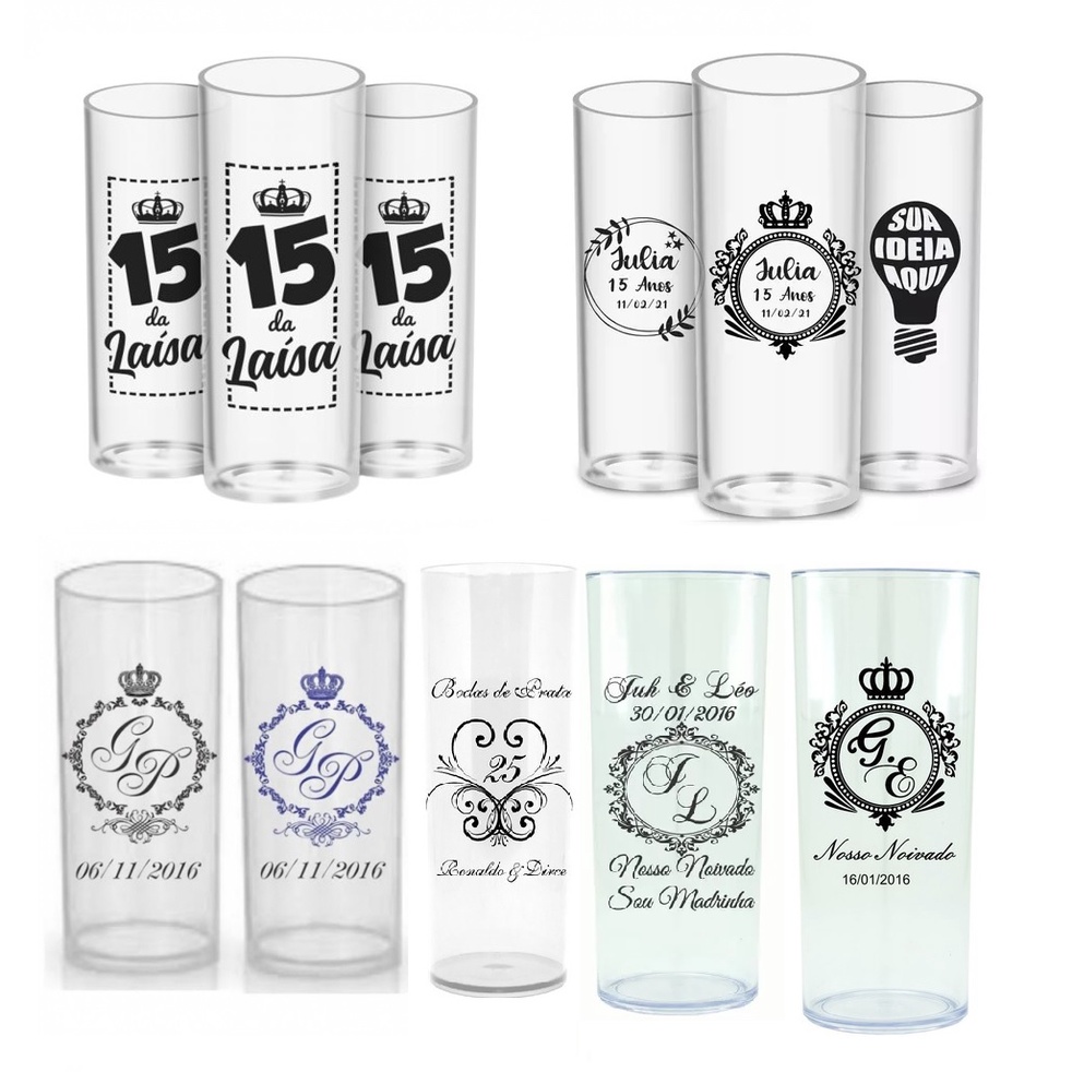 100 Copos personalizados long drink TRANSPARENTE para lembrancinhas 15 anos