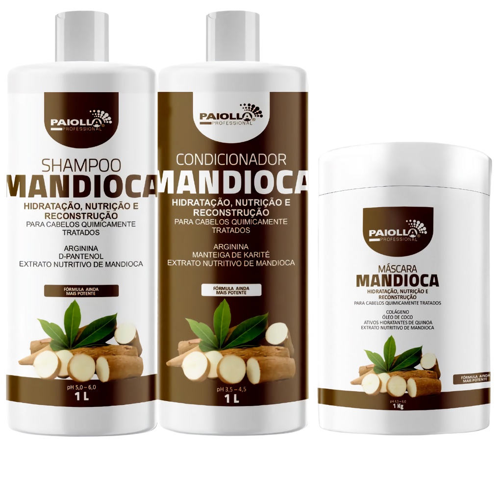 Kit Shampoo Condicionador Máscara Mandioca Paiolla Cronograma Completo Reconstrução Capilar Fortalecimento Brilho Maciez Sedosidade Cabelo Quimicamente Tratado Previne Pontas Duplas Antiqueda Amacia Os Fios Elimina Frizz Porosidade