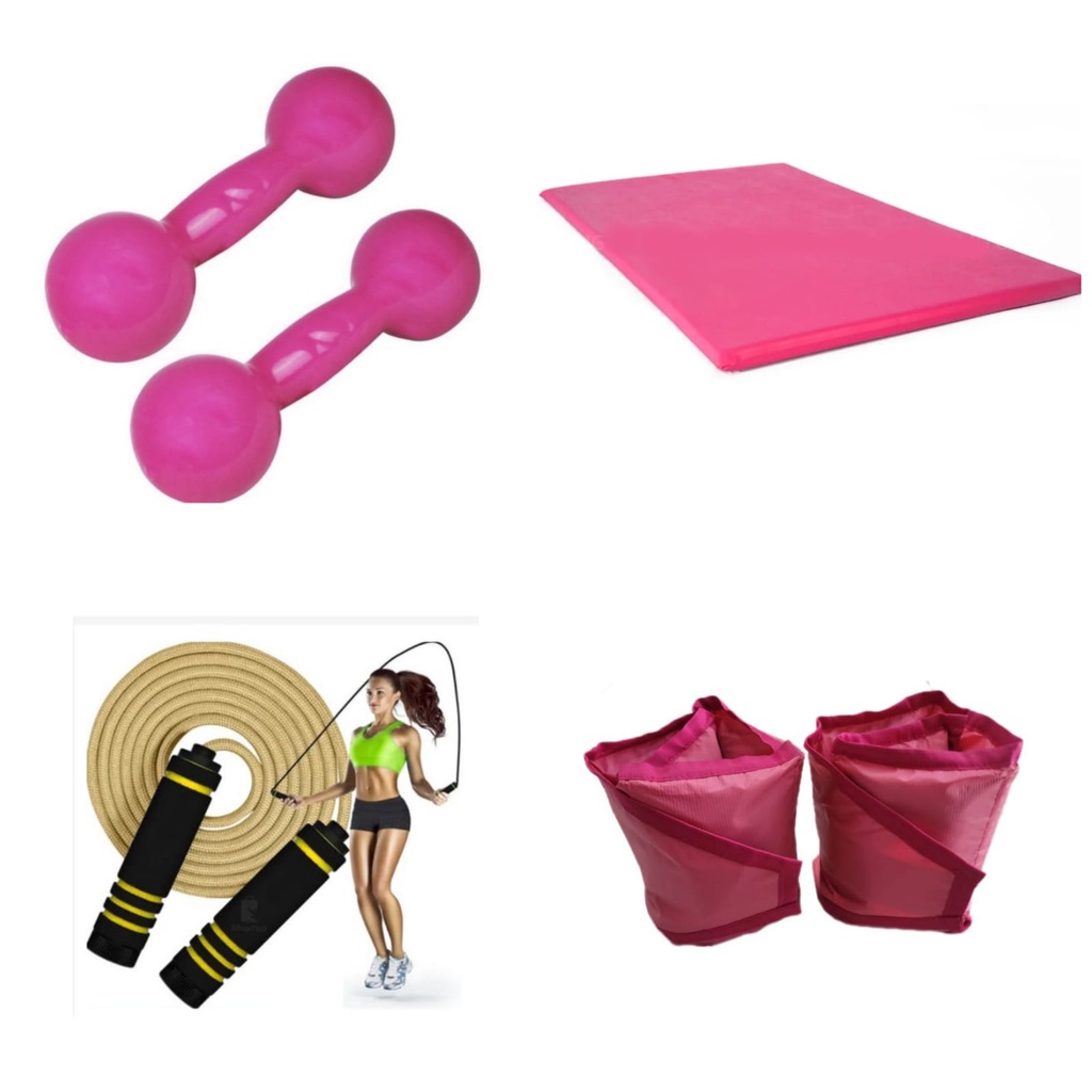 Kit Aeróbico Halter 3 kg Emborrachado + Caneleira 3 kg + Corda + Kit Theraband