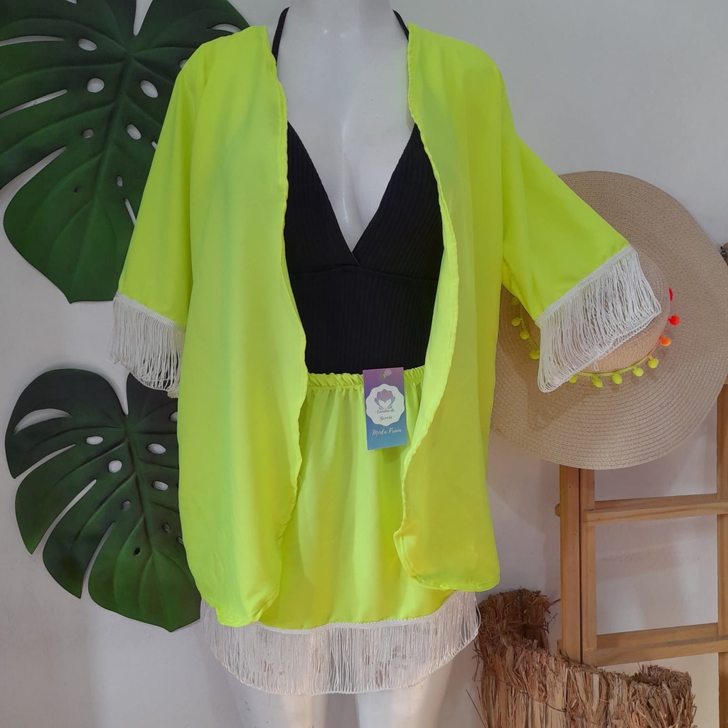Saída de Praia Conjunto Neon Kimono + Saia Feminino Saida de praia  Banho Rosa Pink Verde com franja