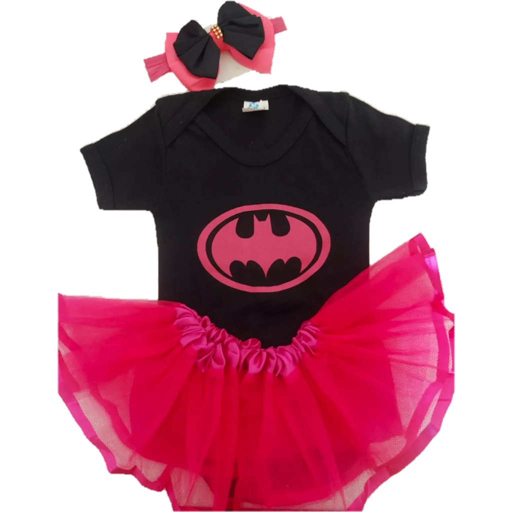 Body BatGirl + Saia Tule + Laço Temático Mesversario Menina Fantasia Heroina – Kit