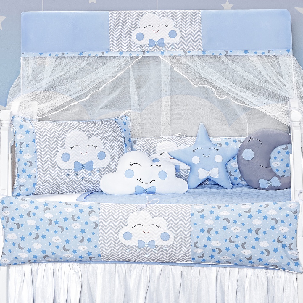 Kit Protetor Berço Lua Nova Almofadas e Protetores 8 Peças Azul Menino Estrela
