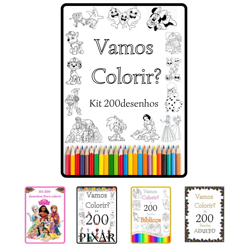 Kit 200 Desenhos Para Colorir em Folha A4 - 2 por folha