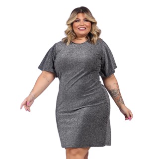 Vestido Feminino de Festa Plus Size e Formatura com Brilho. Vestido Lurex Plus size Soltinho Brilhoso Manga Evasê.