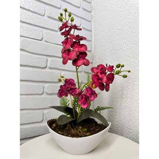 Arranjo vaso branco 4 hastes de orquideas 3D silicone