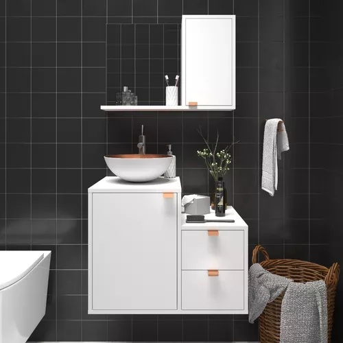 Kit Gabinete Retro Moderno para Banheiro Armário + cuba + espelheira c/puxador cobreado