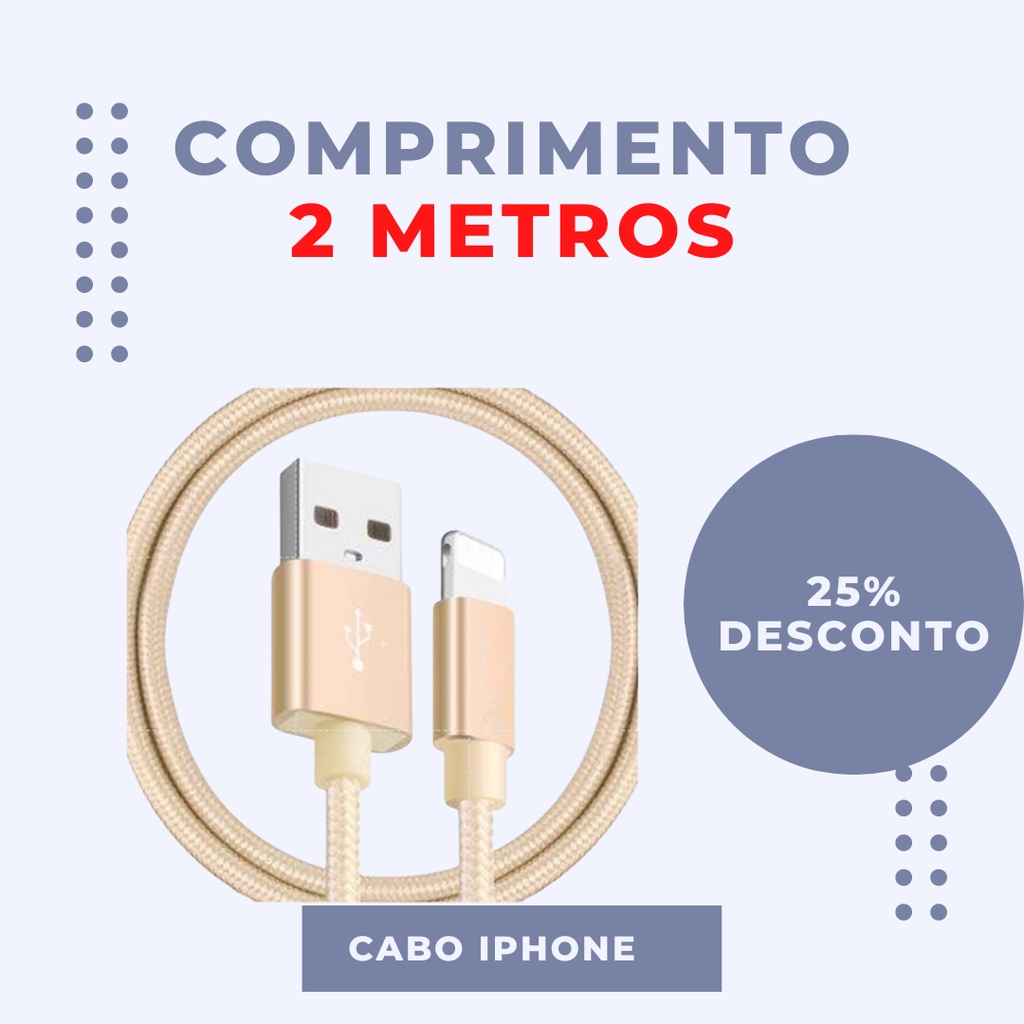 Cabo Usb Metalizado Novo iPhone 5 5s 6 6s 7 8 X Importado 2m