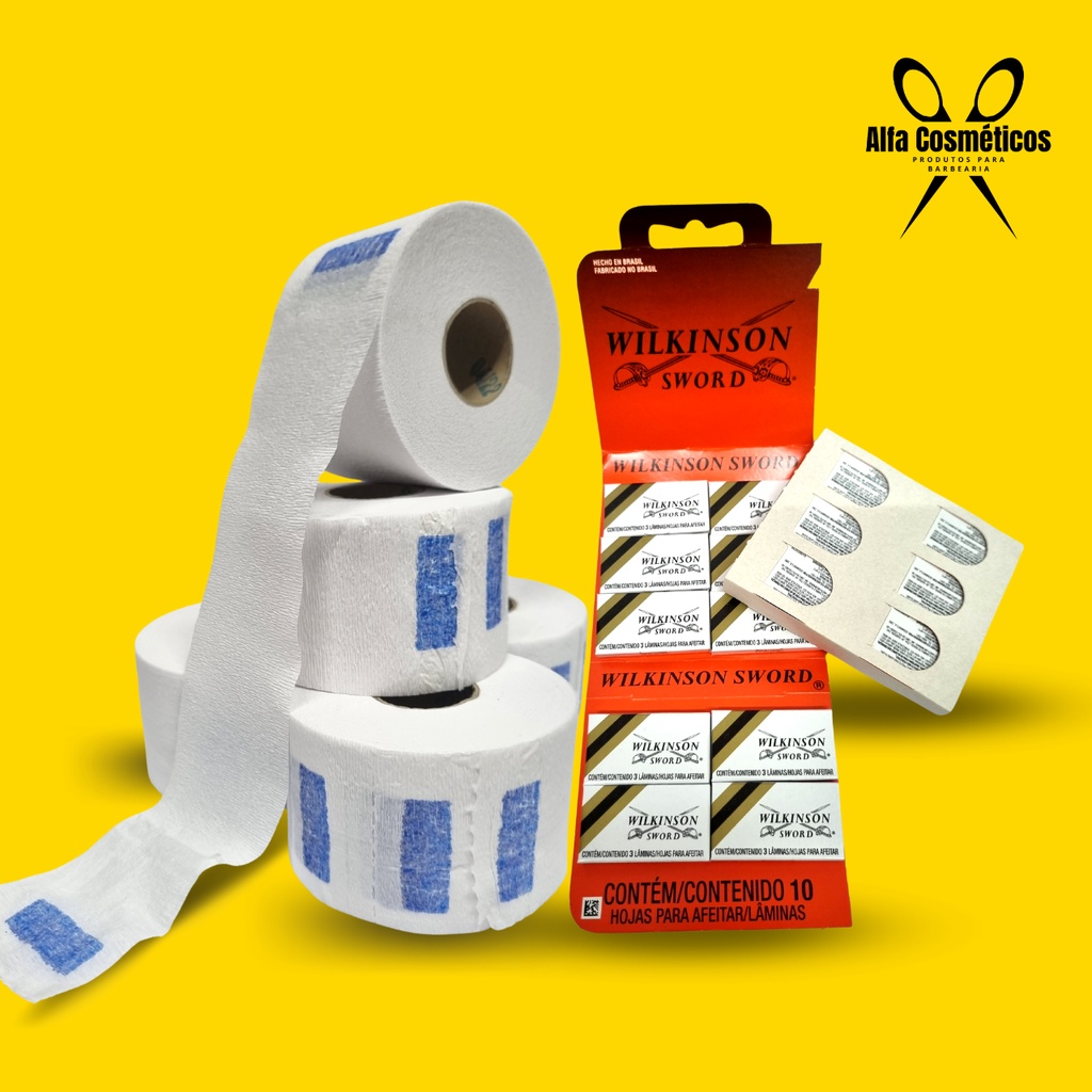 Gola higiênica | Pacotes C/ 5 Rolos | 500 Unidades + 1 Cartela de Lâmina Wilkson com 30 Lâminas