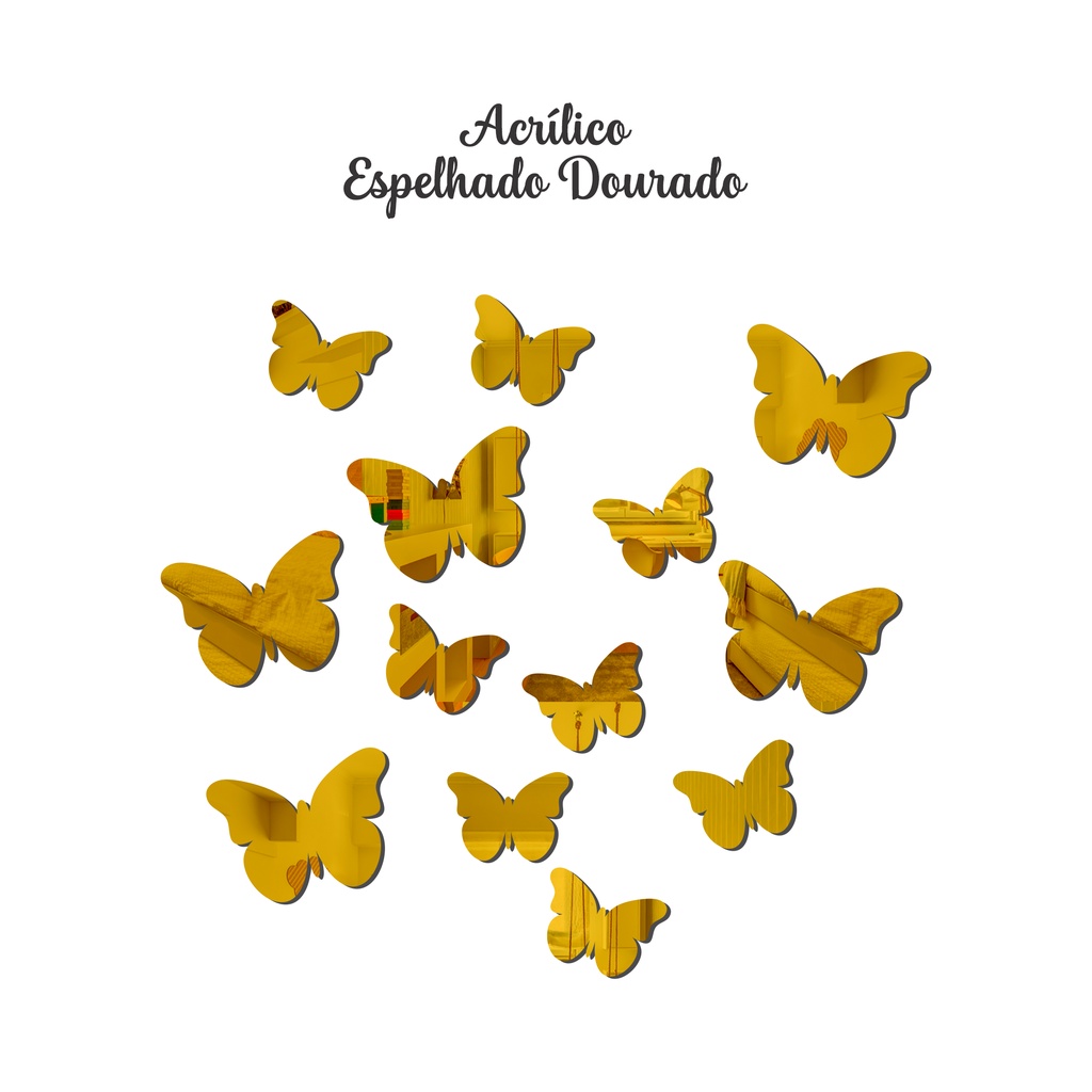 Kit 13 Borboletas Decorativas Acrílico Espelhado Dourado