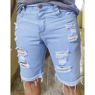 bermuda short jeans masculina rasgada slim com lycra Premium Menor preço Promoção em Oferta na Shopee