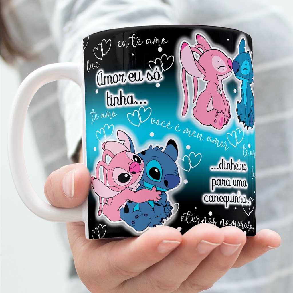 Caneca Personalizada Stitch e Angel - Arte preta e azul - Amor eu só tinha dinheiro para mais uma canequinha