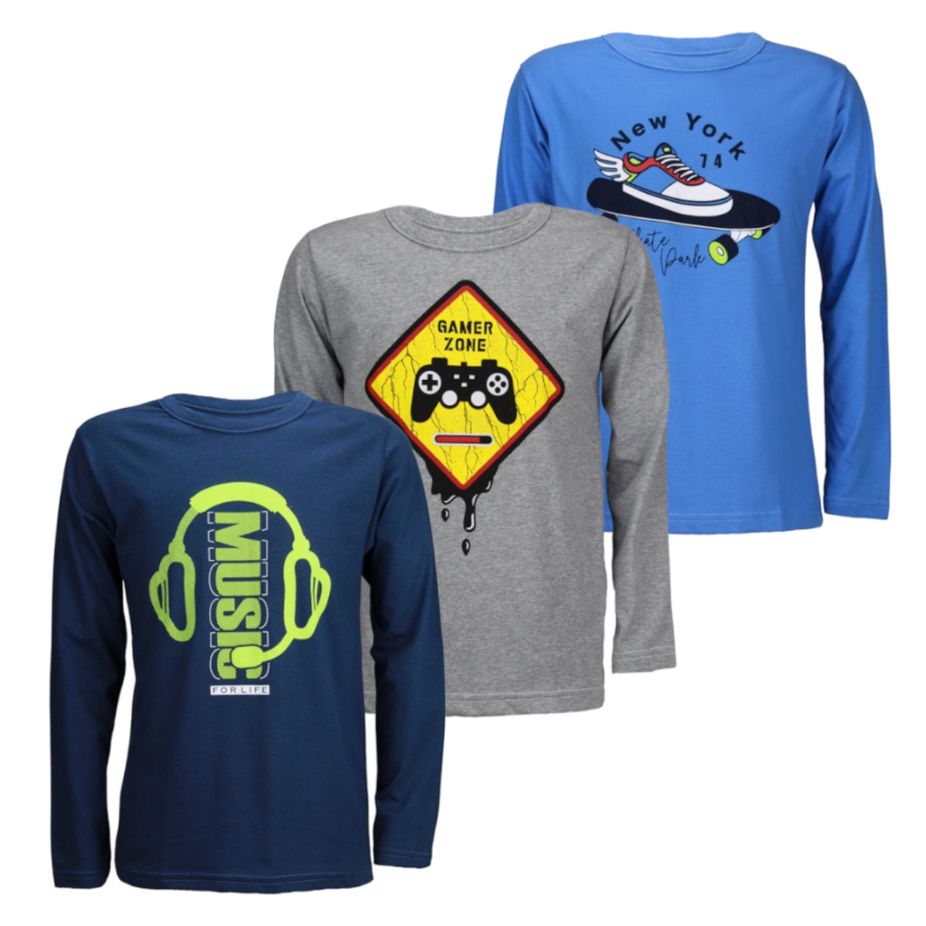 Kit 3 Camiseta Masculina JUVENIL Manga longa 10 a 16 anos meia estação