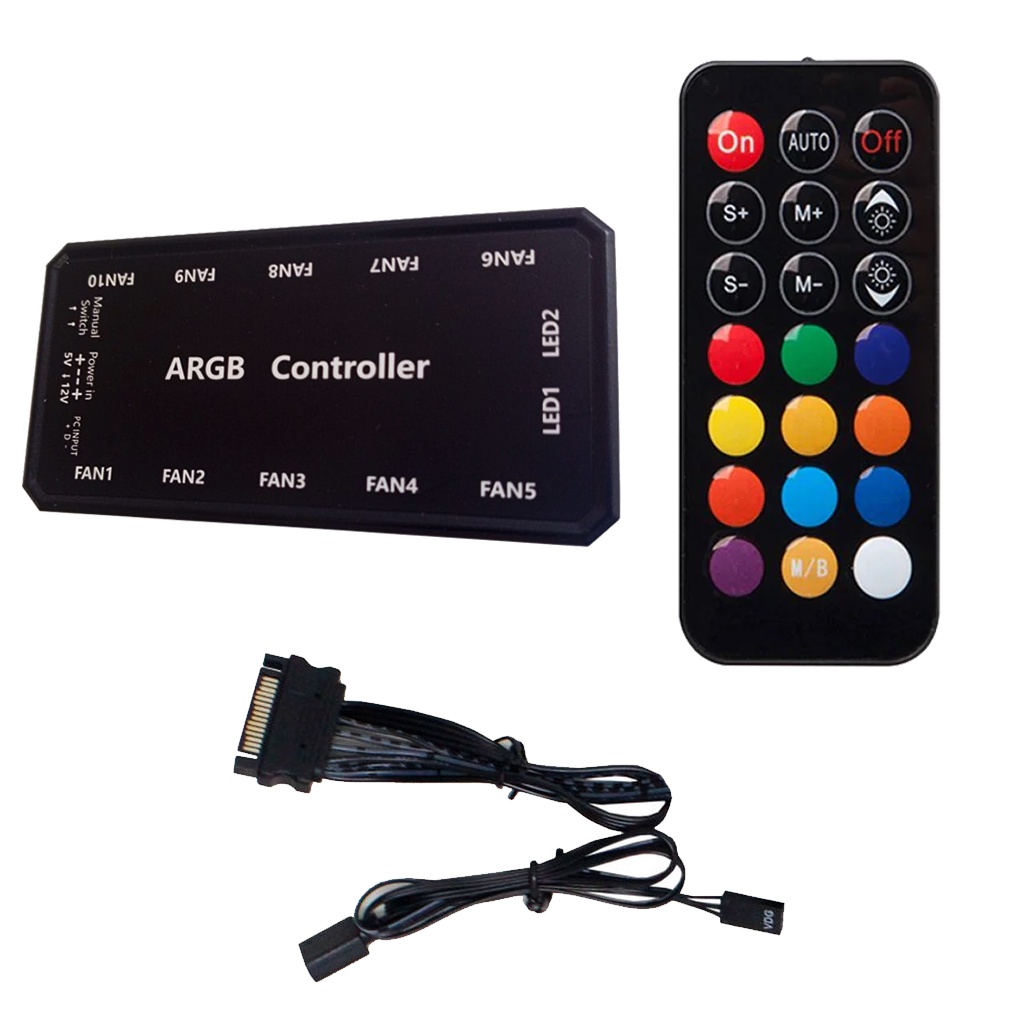 Controladora ARGB Para Cooler Fans ARGB 6 Pinos 5v Suporta até 10 Fans ARGB Controle Remoto + Cabos