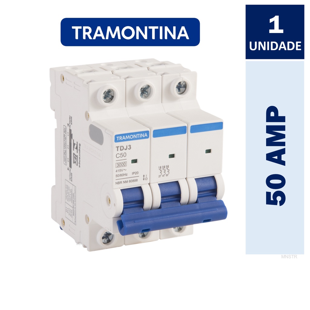 Disjuntor Tripolar 50A Curva C 3P 3kA DIN Tramontina ( Trifásico ) TDJ3-3C50