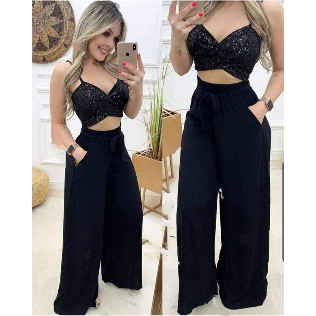 Calça Pantalona Feminina Tecido Viscolinho Com Elástico na Cintura