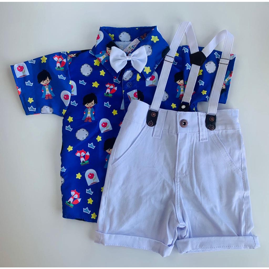 Conjunto PEQUENO PRINCIPE MORENO tematico infantil menino bermuda e camisa gravata