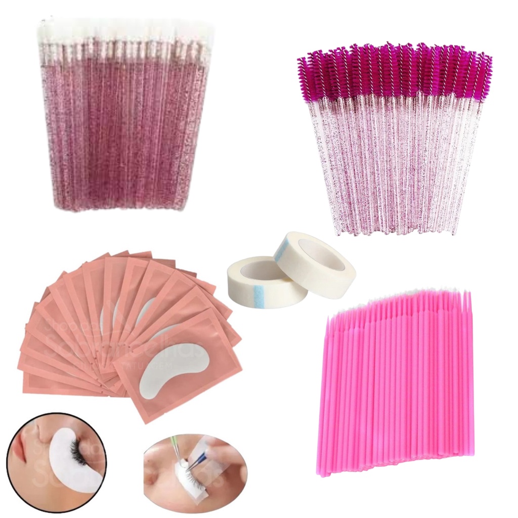 Kit Alongamento De Cílios - 200 Pads 200 Escovinhas 200 Microbrush 200 Aplicadores 4 Fitas Transpore