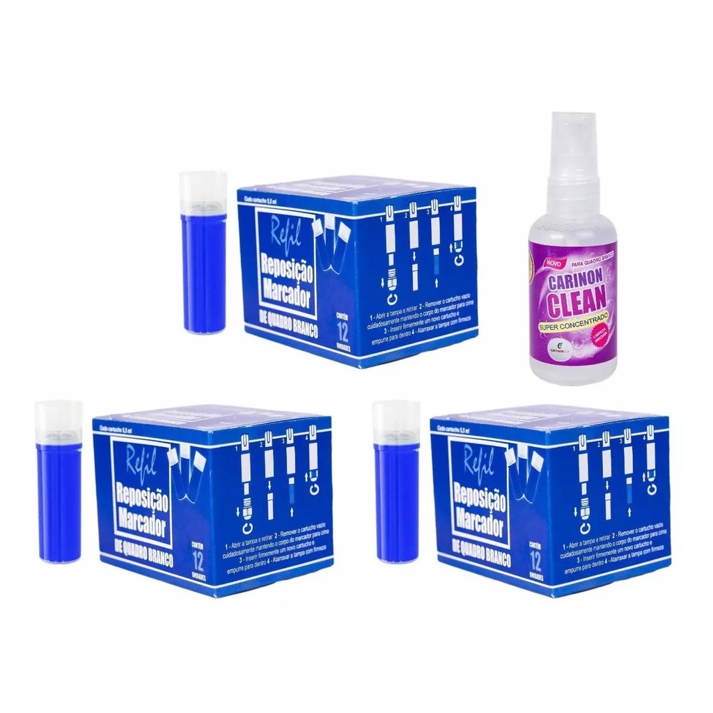 Caixa com 36 und Refil Cartucho para caneta de quadro branco + limpador especial de quadro escolar