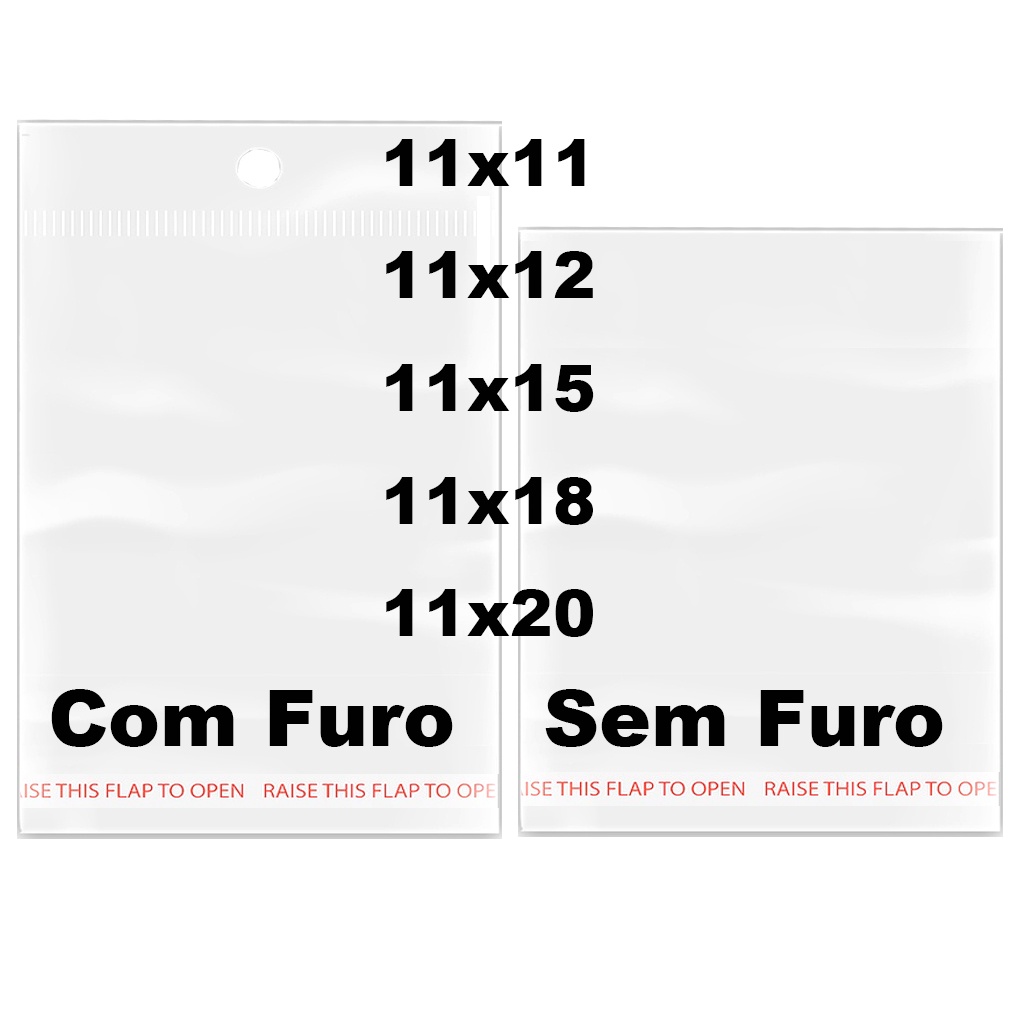 KIT pacote 200 100 300 unis 11x11 11x15 11x18 11x20 11x12 Saco Adesivado Saquinho Transparente Plástico com furo sem furo boa qu