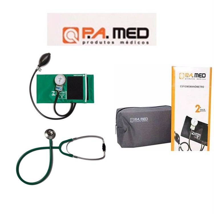 Kit Esfigmomanômetro + Estetoscópio Duo P.A.MED Verde com Bolsinha para Aparelho e Esteto