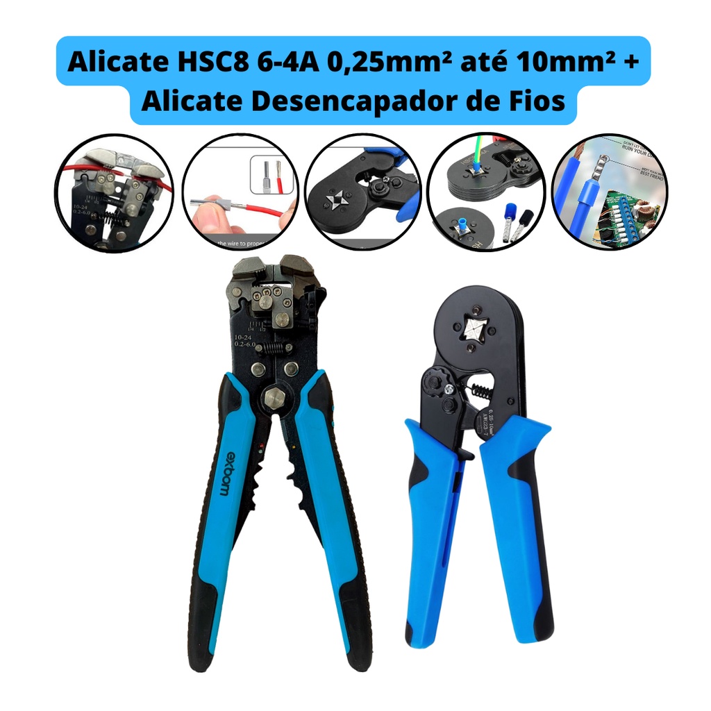 Kit 2 Alicate -  HSC8 6-4A  Alicate Crimpador terminal Prensa terminal tubular ilhós ferramentas elétrica + Alicate Desencapador De Fios de 0,05 - 8,0 mm