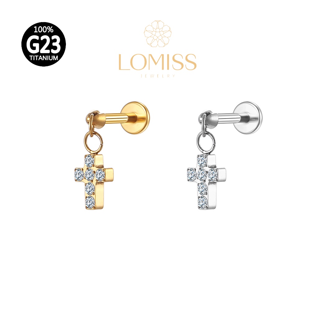 Piercing Labret Titânio PVD Pingente Cruz com Zircônia《Lomiss semijoias》