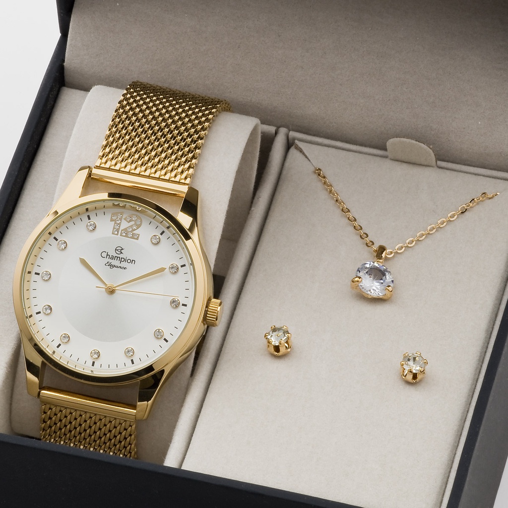 Relógio Champion Feminino Analógico Dourado + Kit de Brincos e Colar Original À Prova d'Água Presente Aniversário Mulher em Oferta na Shopee
