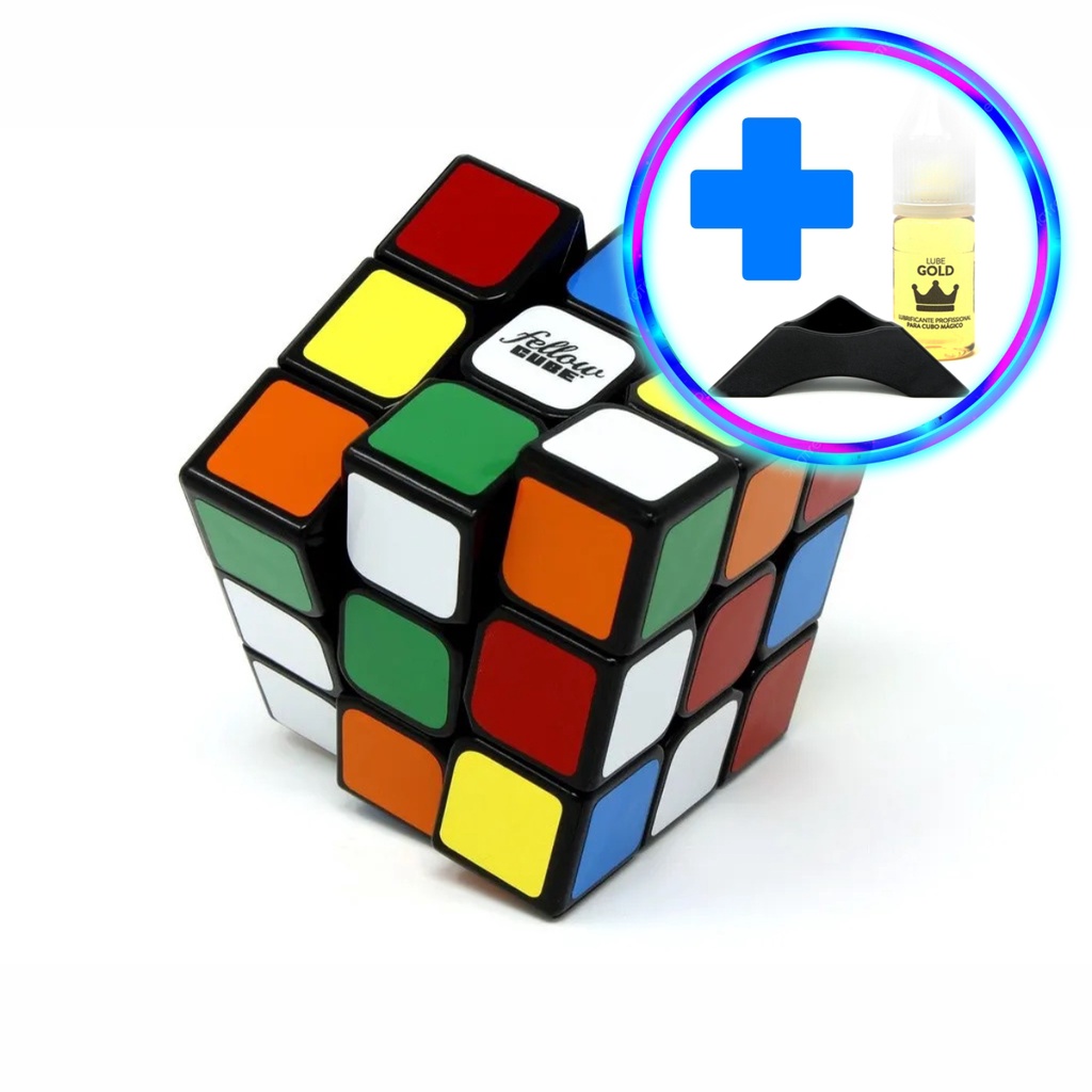 Kit Cubo Mágico Profissional 3x3x3 Fellow Cube Tradicional + Lube Gold + Base de Apoio - Fabricação Nacional - Original Cuber Brasil
