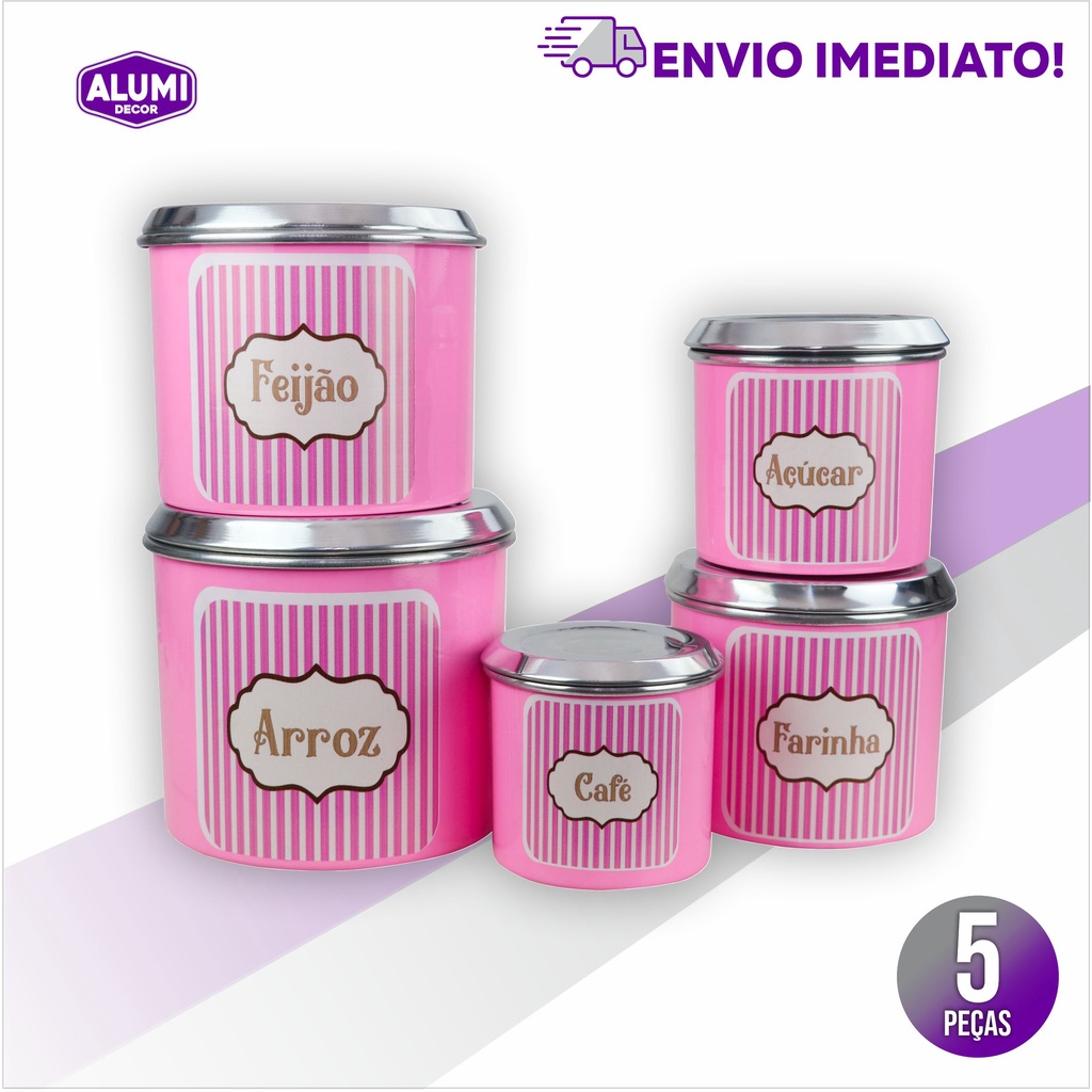 Jogo de Latas KIT Mantimento – 5 peças ROSA – Alumínio Adesivado DECOUPAGE