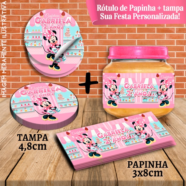 Kit com 10 pares Rótulos Adesivos de Potes e Tampas de Papinha 120g Minnie Rosa Confeiteira