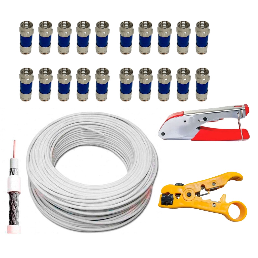 Cabo Coaxial 100 Metros RG6 95% Malha VHF UHF + 20 Conector e Alicate de compressão com decapador