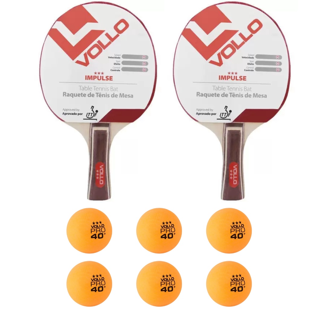 Kit C/2 Raquetes Ping Pong Impulse + 6 Bolas Ping Pong 3 Estrelas Vollo