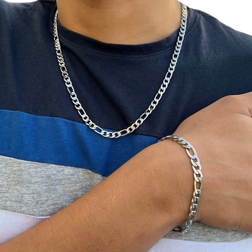 Conjunto Colar Corrente Figaro Italiana 6mm 60 e 70cm + Pulseira Prata - Fashion Accessories