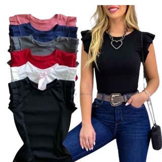 Blusa Canelada Plus Size Normal Com Babado Girassol