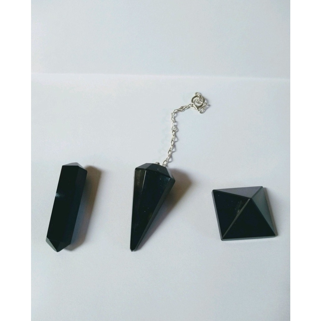 Kit obsidiana negra biterminados pêndulo e pirâmide