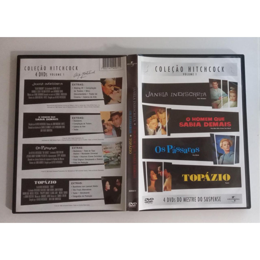 DVD Coleção Hitchcock volume 1 Janela Indiscreta - O homem que sabia demais - Os pássaros - Topázio 4 DVDs