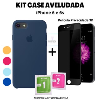 Kit Capinha IPhone 6/6s Premium Silicone Com Logo + Película Privacidade + Kit Limpeza - Lançamento 2024