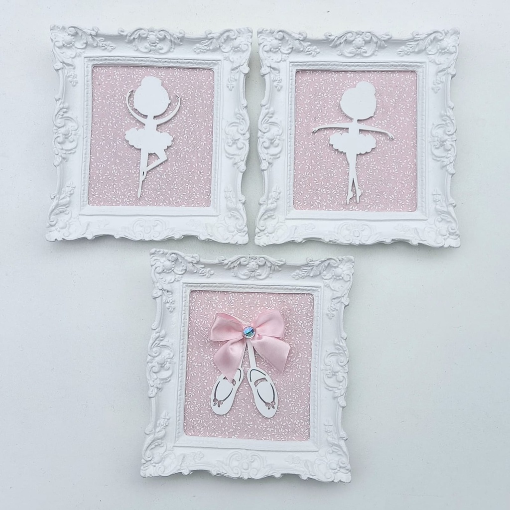 Trio de quadros resina pintado com aplique de sapatilha e bailarinas em mdf pintado.