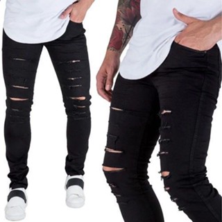 Calça Jeans Masculina Preta Rasgada Skinny com Lycra