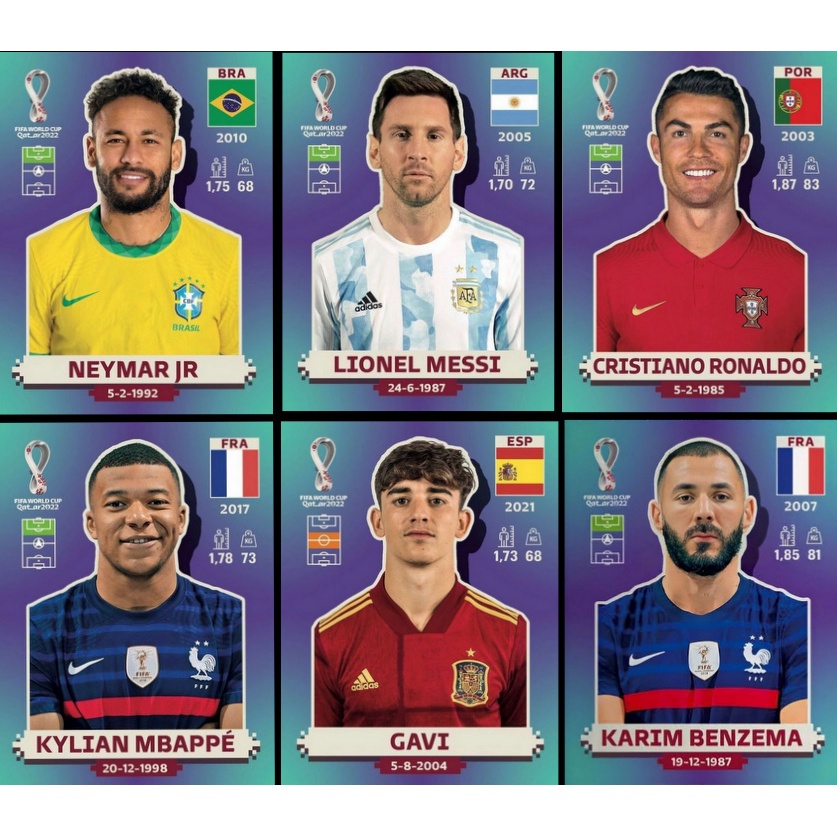 Figurinhas do álbum Panini -Copa do Mundo de Futebol - Qatar 2022 - Neymar, Messi, Cristiano Ronaldo, Mbappé, Benzema